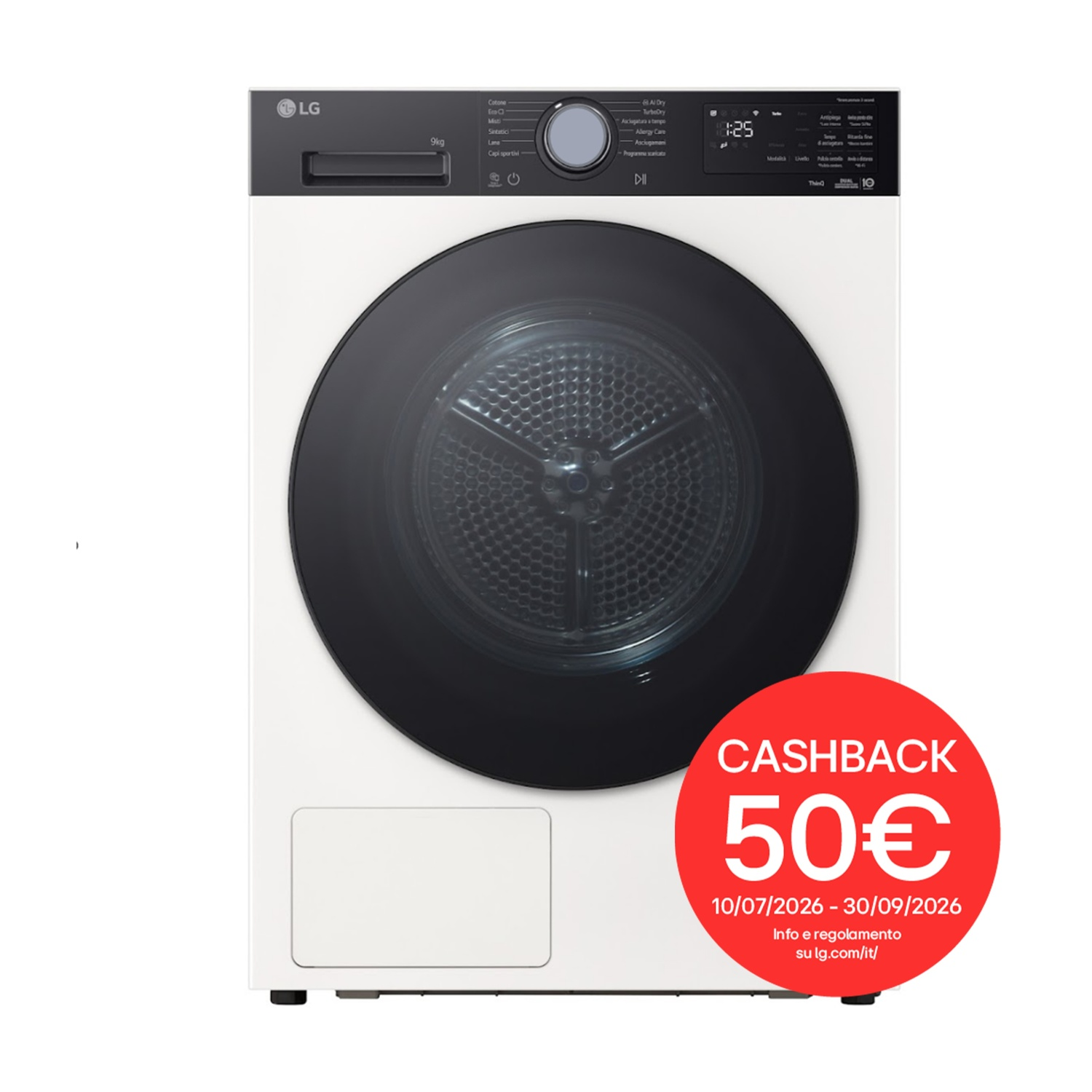ASCIUGATRICE LG RNX5009TWBC Condensazione, 9 kg, profondità 66 cm, 62 dB(A), Ivory White + pannello nero, Classe B