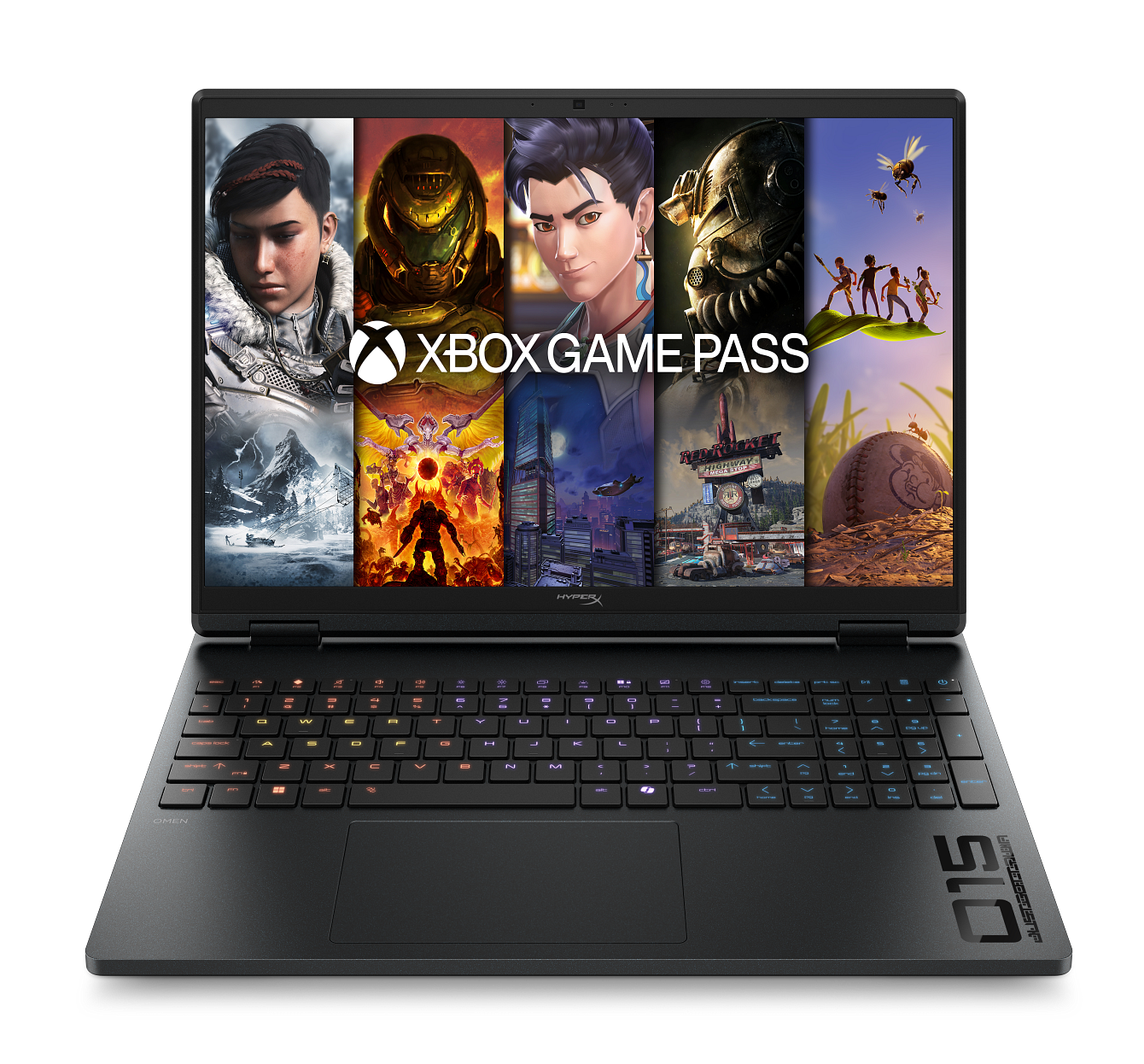 Czarny laptop wyświetla Xbox Game Pass z różnymi grafikami z gier na ekranie.
