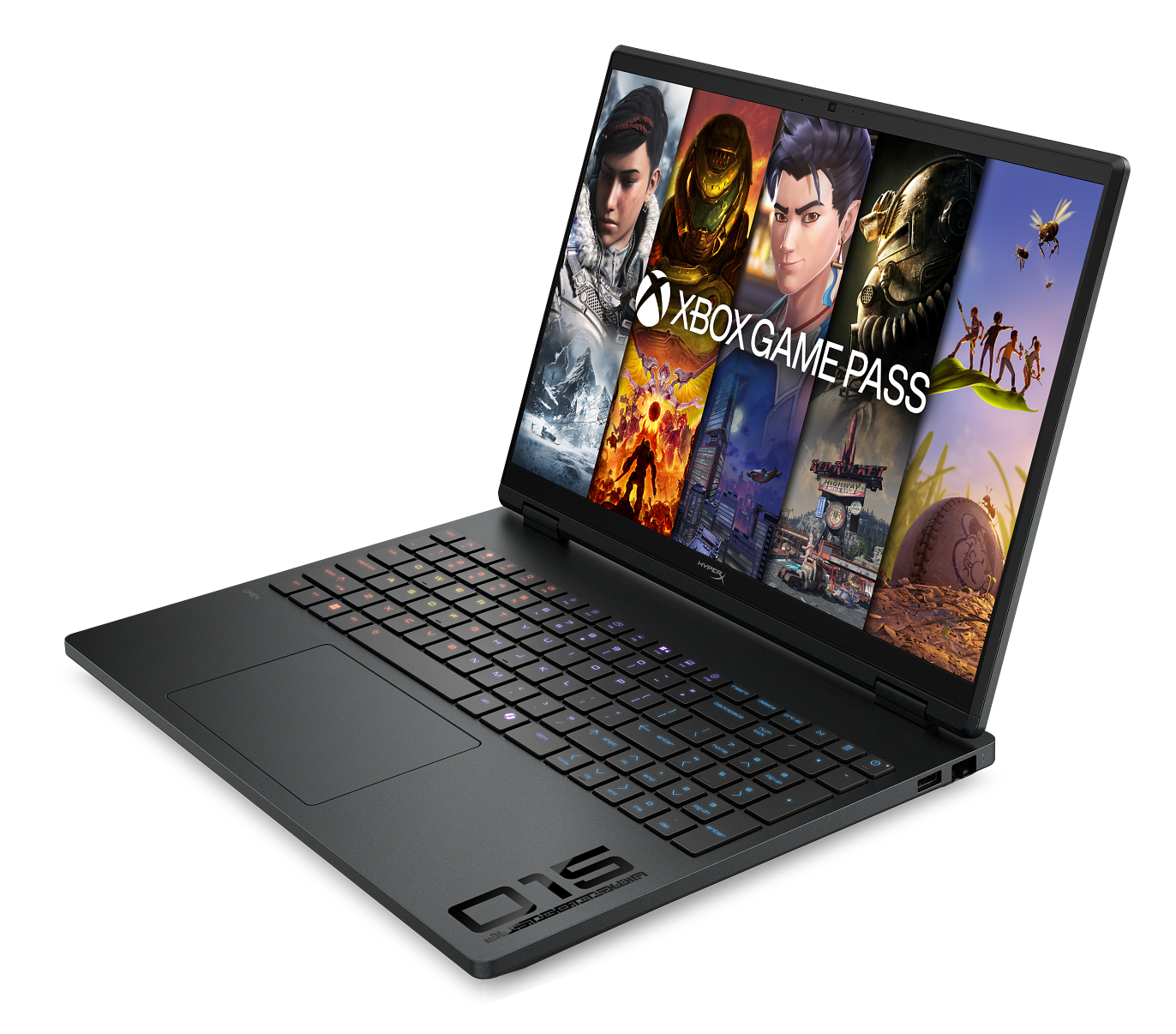 Czarny laptop do gier wyświetla logo Xbox Game Pass i różne gry wideo na ekranie.