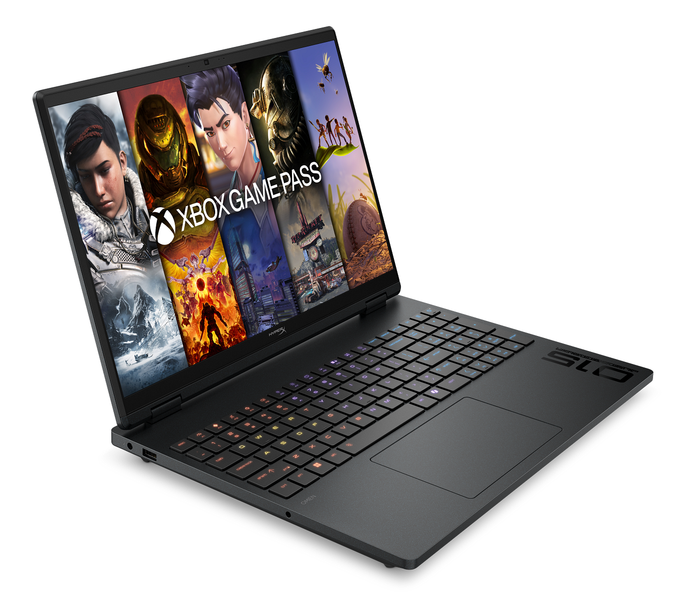 Otwarty, ciemny laptop wyświetla ekran Xbox Game Pass z kolorową grafiką gier wideo.