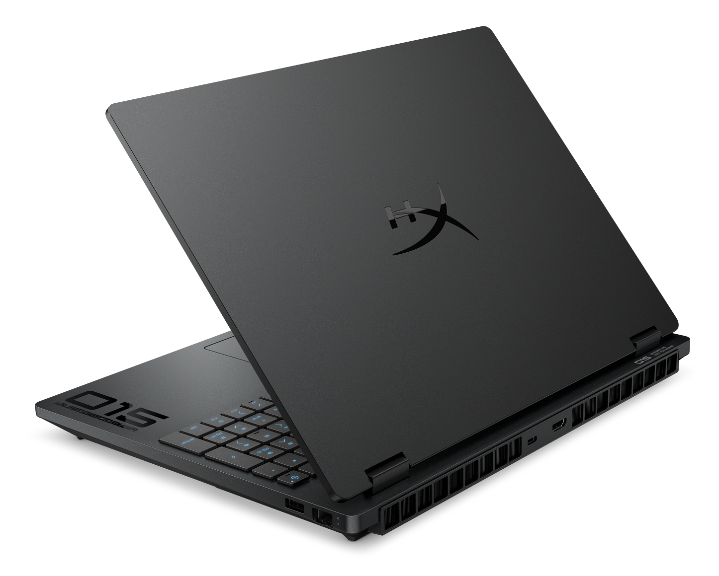 Czarny laptop dla graczy z logo na pokrywie i podświetlaną klawiaturą.