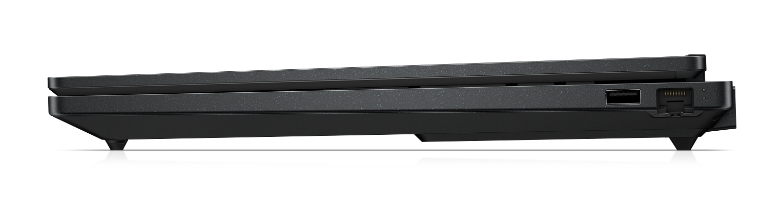 Profil boczny czarnego zamkniętego laptopa z widocznymi portami USB i Ethernet.