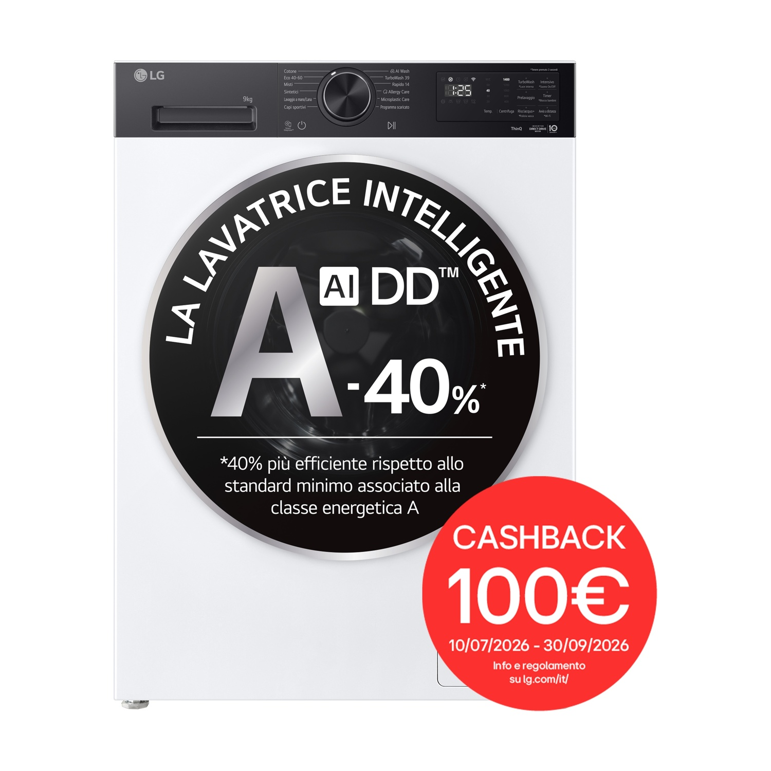 LG F4NX5009TKB LAVATRICE, Caricamento frontale, 9 kg, 12 programmi, Profondità 56,5 cm, Giri 1400 rpm, Bianco + pannello nero, livello rumorosità centrifuga 71 dB(A), Classe A