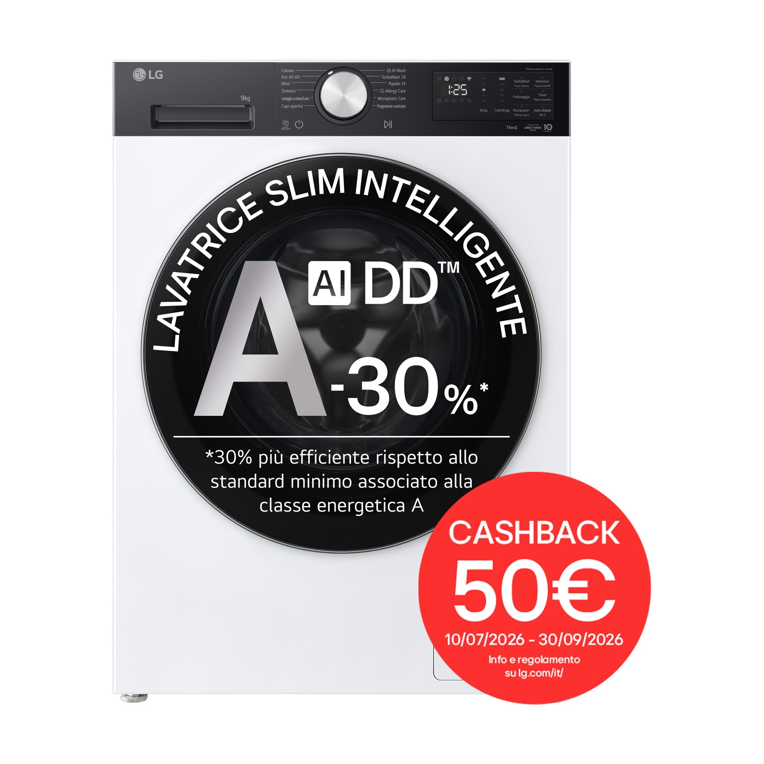 LG F2NX50S9TKC LAVATRICE, Caricamento frontale, 9 kg, 12 programmi, Profondità 47,5 cm, Giri 1200 rpm, Bianco + pannello nero, livello rumorosità centrifuga 71 dB(A), Classe A