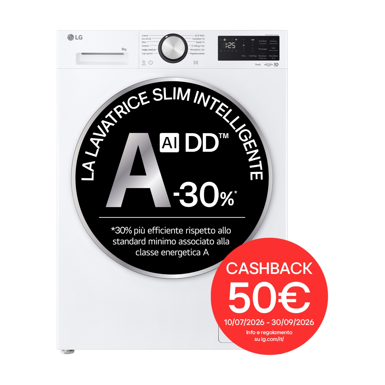 LG F2NX50S8TLC LAVATRICE, Caricamento frontale, 8 kg, 12 programmi, Profondità 47,5 cm, Giri 1200 rpm, Bianco, livello rumorosità centrifuga 71 dB(A), Classe A