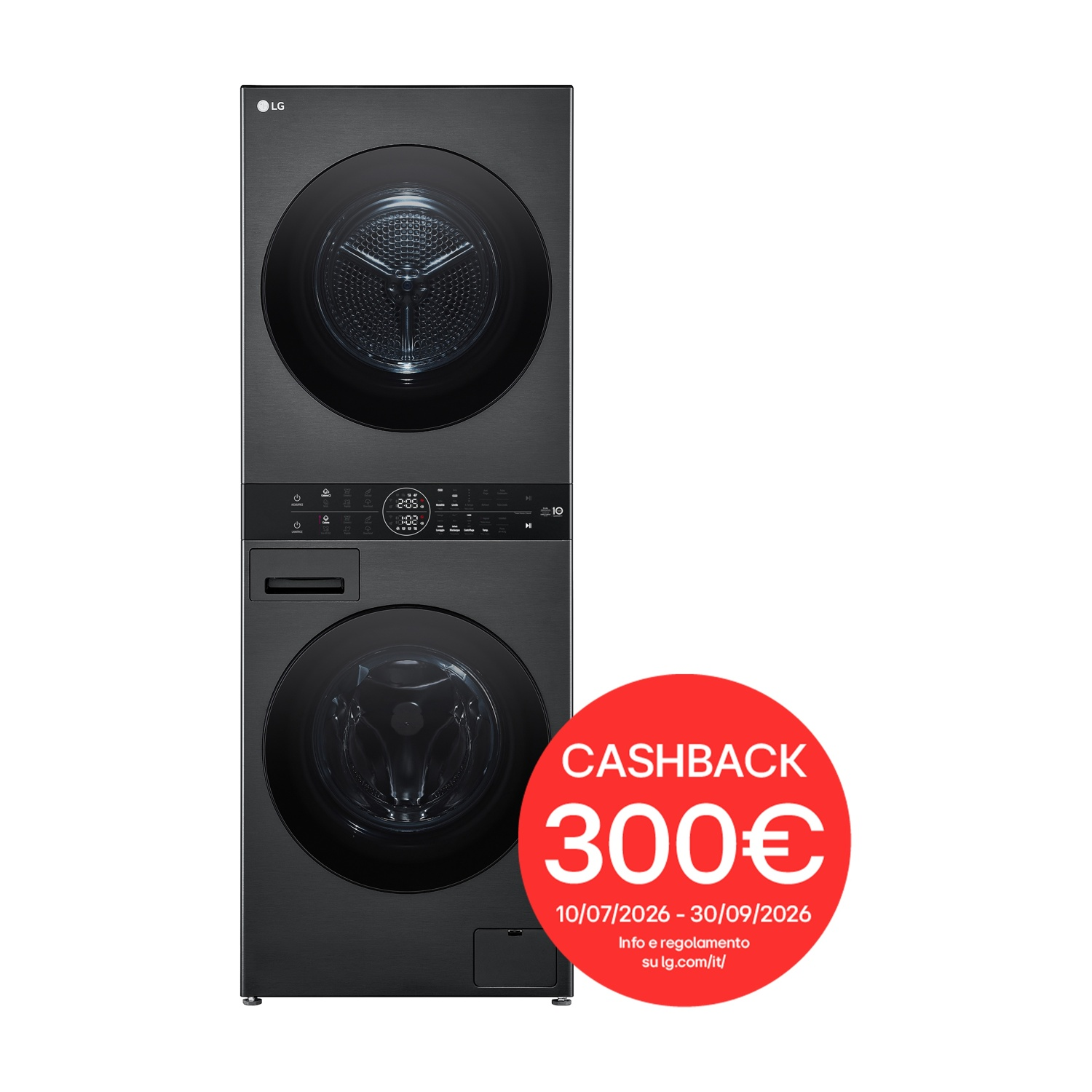 LG WashTower WT1210BBF LAVASCIUGA, Caricamento frontale, capacità lavaggio 12 kg, capacità asciugatura 10 kg, 10 programmi, Profondità 66 cm, Giri 1400 rpm, Platinum Black, Classe A
