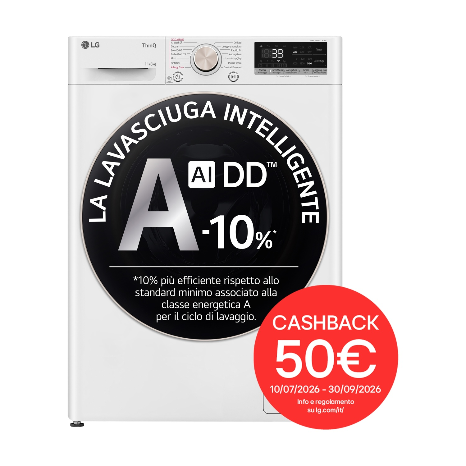 LG AI DD D4R7011TSWG LAVASCIUGA, Caricamento frontale, capacità lavaggio 11 kg, capacità asciugatura 6 kg, 13 programmi, Profondità 56,5 cm, Giri 1400 rpm, Bianca, Classe D
