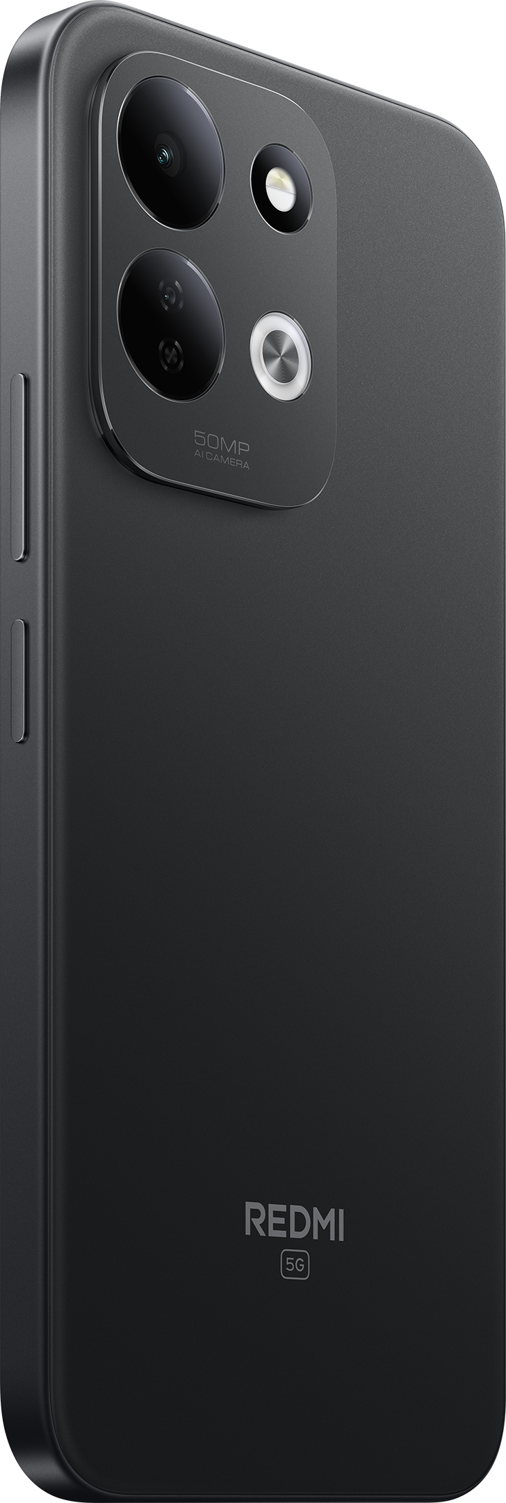 Egy fekete Redmi 5G okostelefon hátlapja duális kamerával és 50 MP AI kamera felirattal.