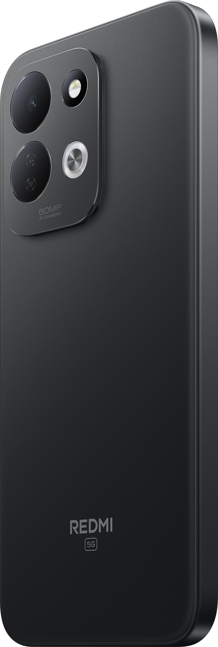 Fekete Redmi 5G okostelefon hátlapja, bal fent szögletes kameramodullal és lent Redmi logóval.