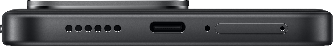 Egy fekete okostelefon alja USB-C porttal, hangszóróval, mikrofonnal és SIM-kártya tálcával.