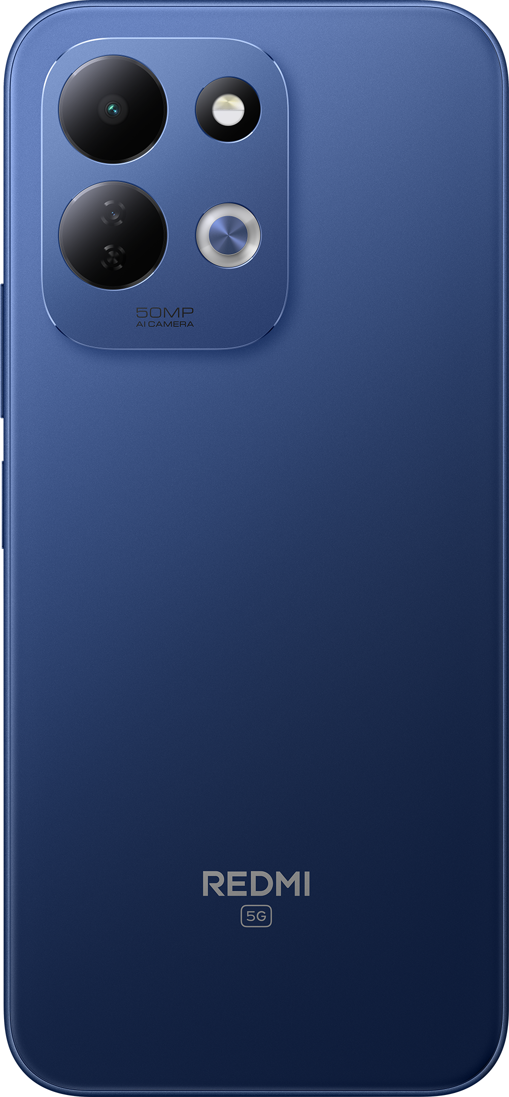 Egy Redmi 5G okostelefon kék hátlapja duális kamerával és 50MP felirattal.
