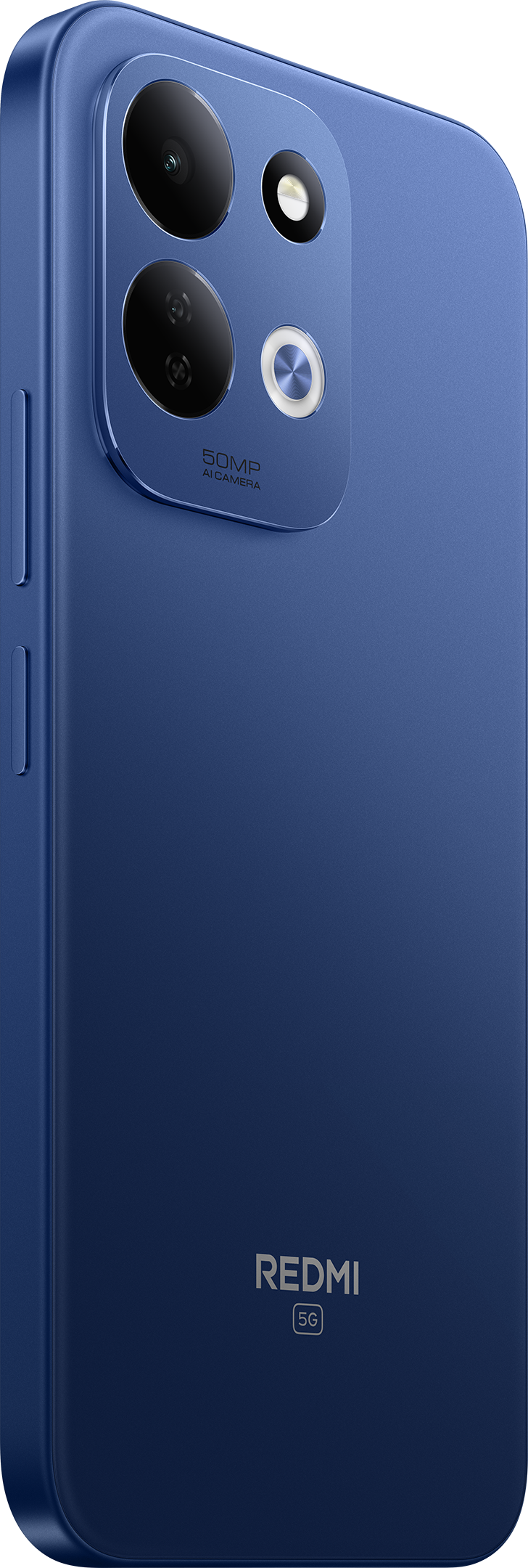 Egy kék Redmi 5G okostelefon hátlapja duplakamerával és 50MP felirattal.