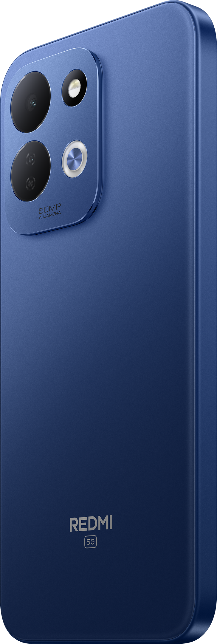 Egy kék színű Redmi 5G okostelefon hátlapja, négyzet alakú kameraszigettel, amely két lencsét és vakut tartalmaz.