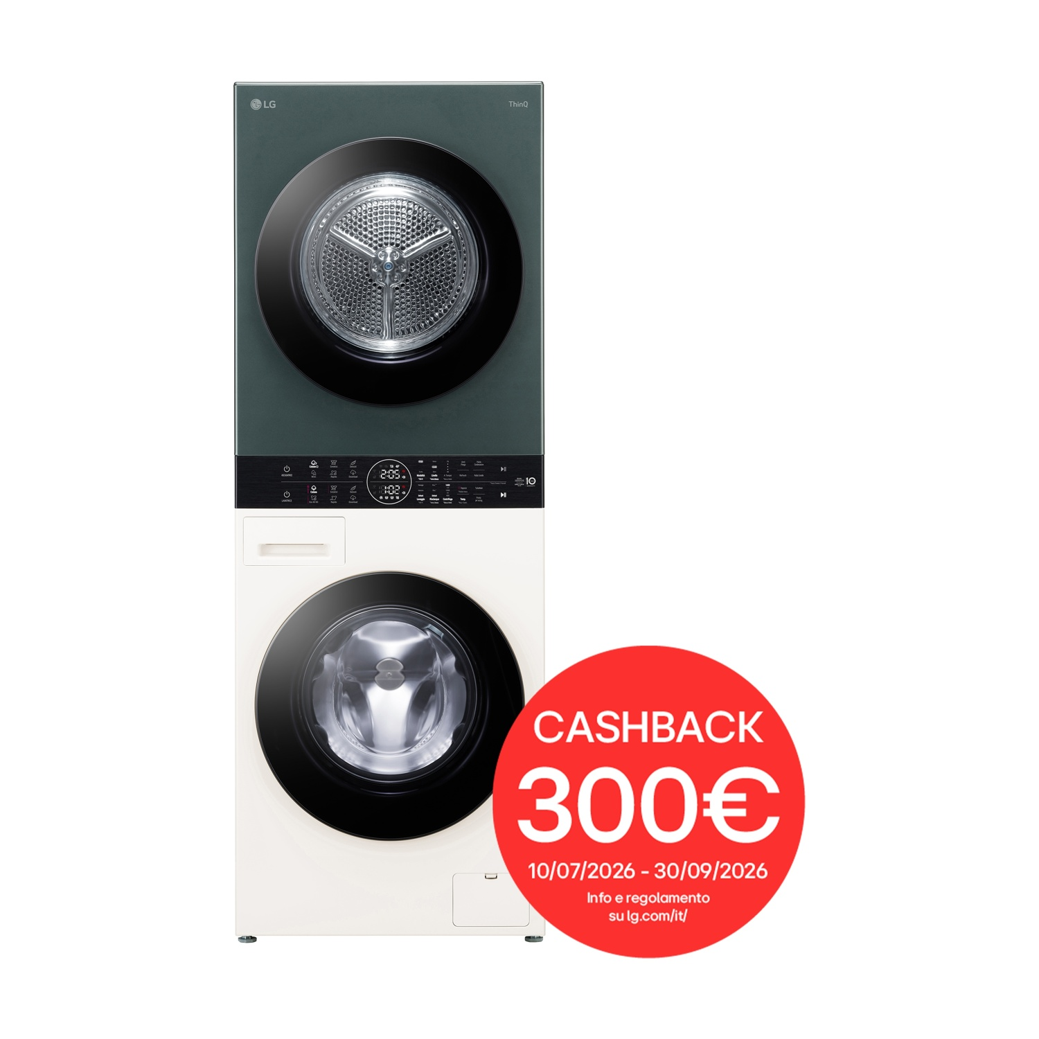 LG WashTower WT1210EGF LAVASCIUGA, Caricamento frontale, capacità lavaggio 12 kg, capacità asciugatura 10 kg, 10 programmi, Profondità 66 cm, Giri 1400 rpm, Beige Green, Classe A