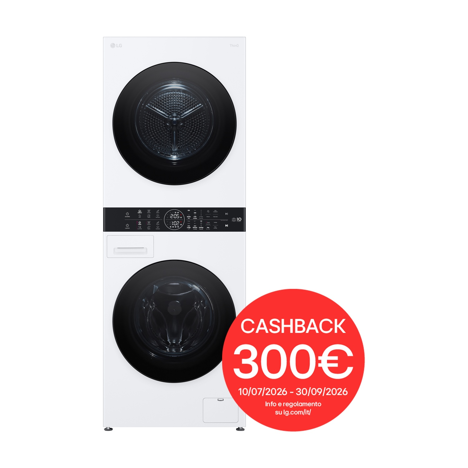 LG WashTower WT1210WWF LAVASCIUGA, Caricamento frontale, capacità lavaggio 12 kg, capacità asciugatura 10 kg, 10 programmi, Profondità 66 cm, Giri 1400 rpm, White, Classe A