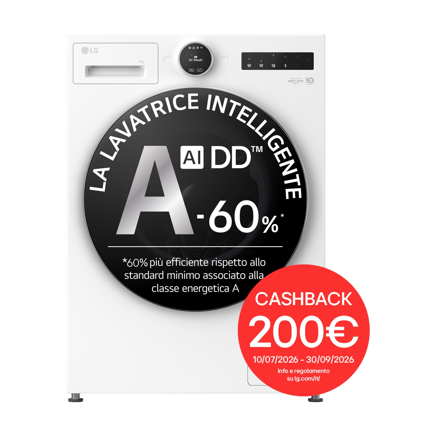 Lavatrice bianca LG con grande adesivo A-60% e bollino rosso cashback 200€.