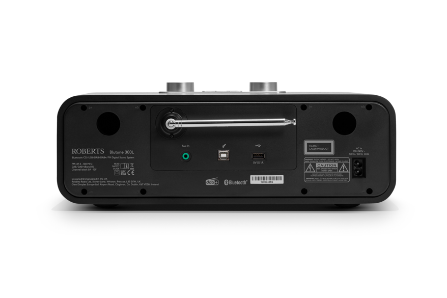 Die Rückseite eines schwarzen Roberts Blutune 300L Radios mit Antenne, Anschlüssen und Produktinformationen.