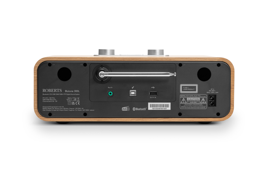 Rückseite des Roberts Blutune 300L Radios mit Antenne und Anschlüssen.