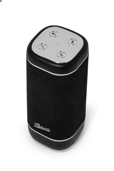 Ein schwarzer zylindrischer Bluetooth-Lautsprecher mit silberner Bedienoberfläche und dem Roberts-Logo auf schwarzem Grund.