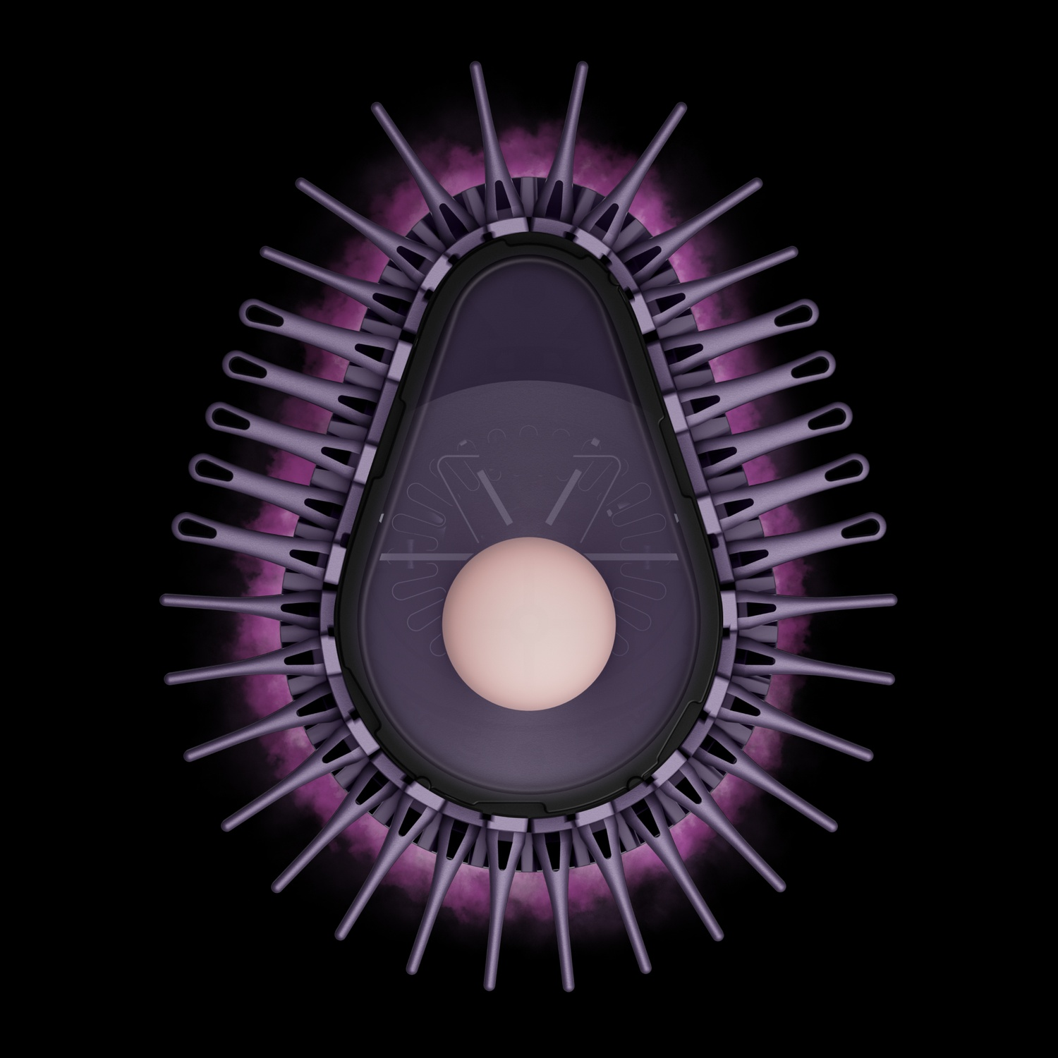 Design di avocado viola con una sfera centrale e raggi violetti luminosi su sfondo nero.