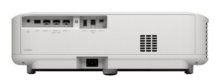 Widok z tyłu białego projektora z różnymi portami, takimi jak HDMI, USB i audio.