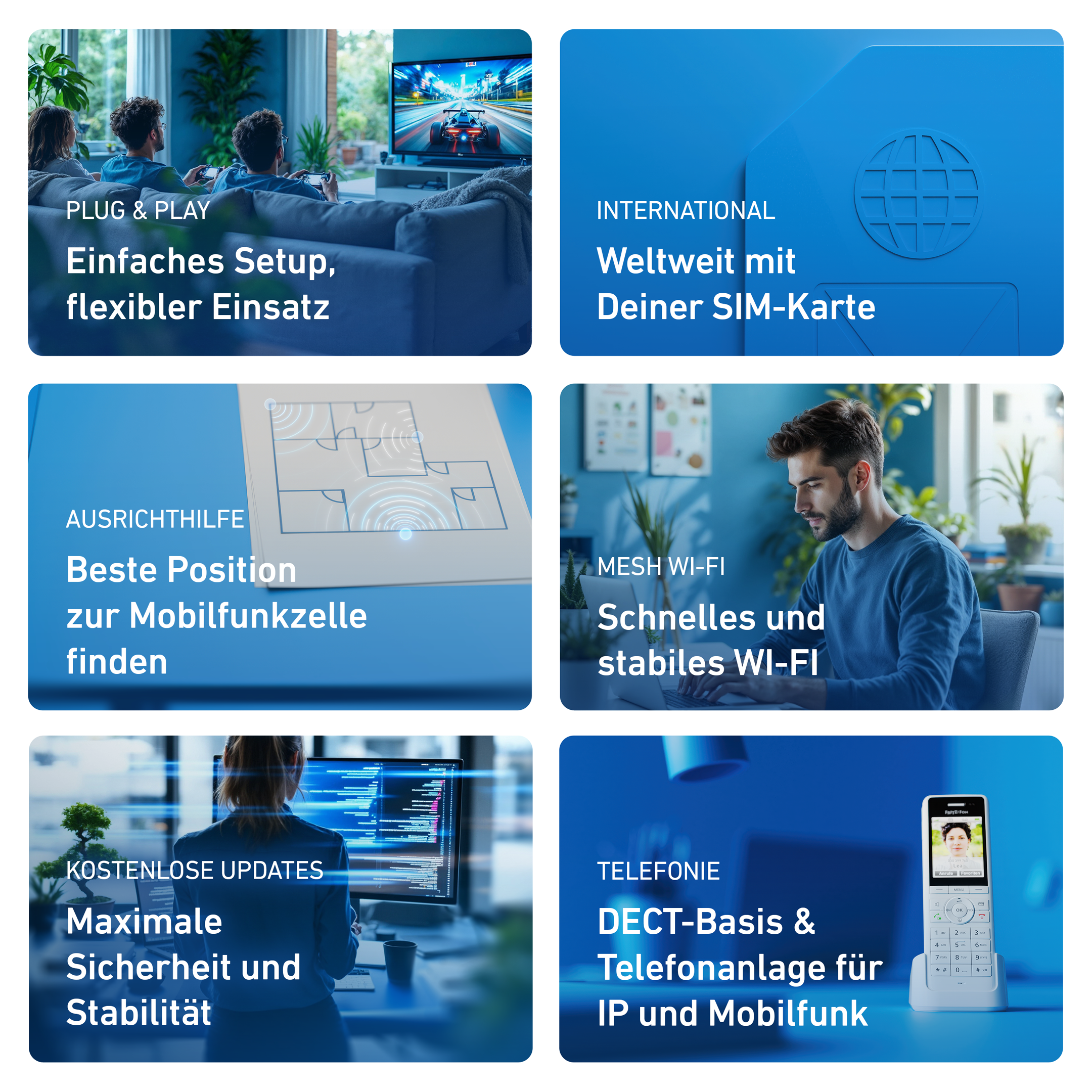 Sechs Felder mit Technik-Funktionen wie Plug & Play, internationale SIM, Mesh-WLAN und Telefonanlage.