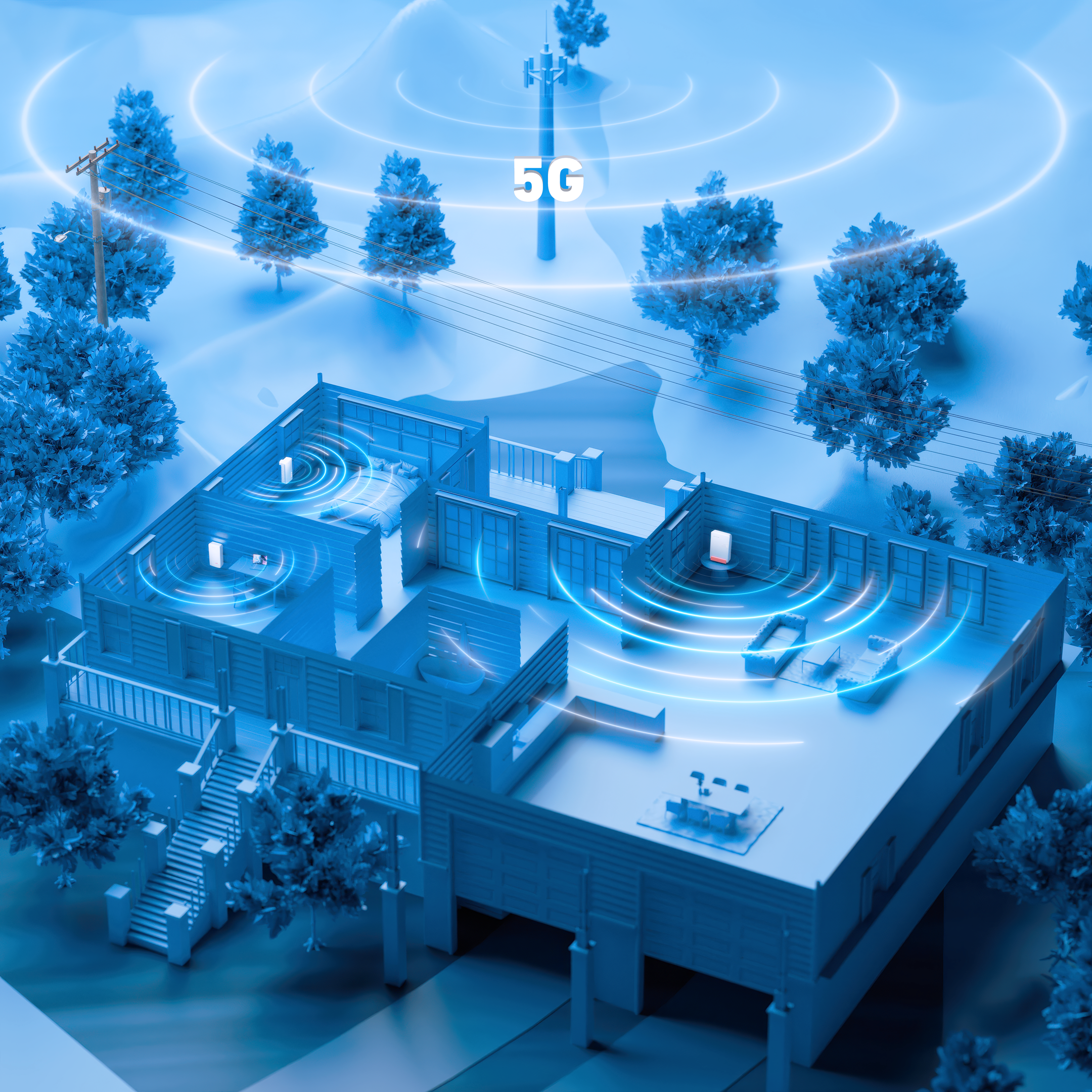 Ein blaues 3D-Hausmodell zeigt 5G-WLAN-Signale von Routern im Inneren unter einem 5G-Sendemast.