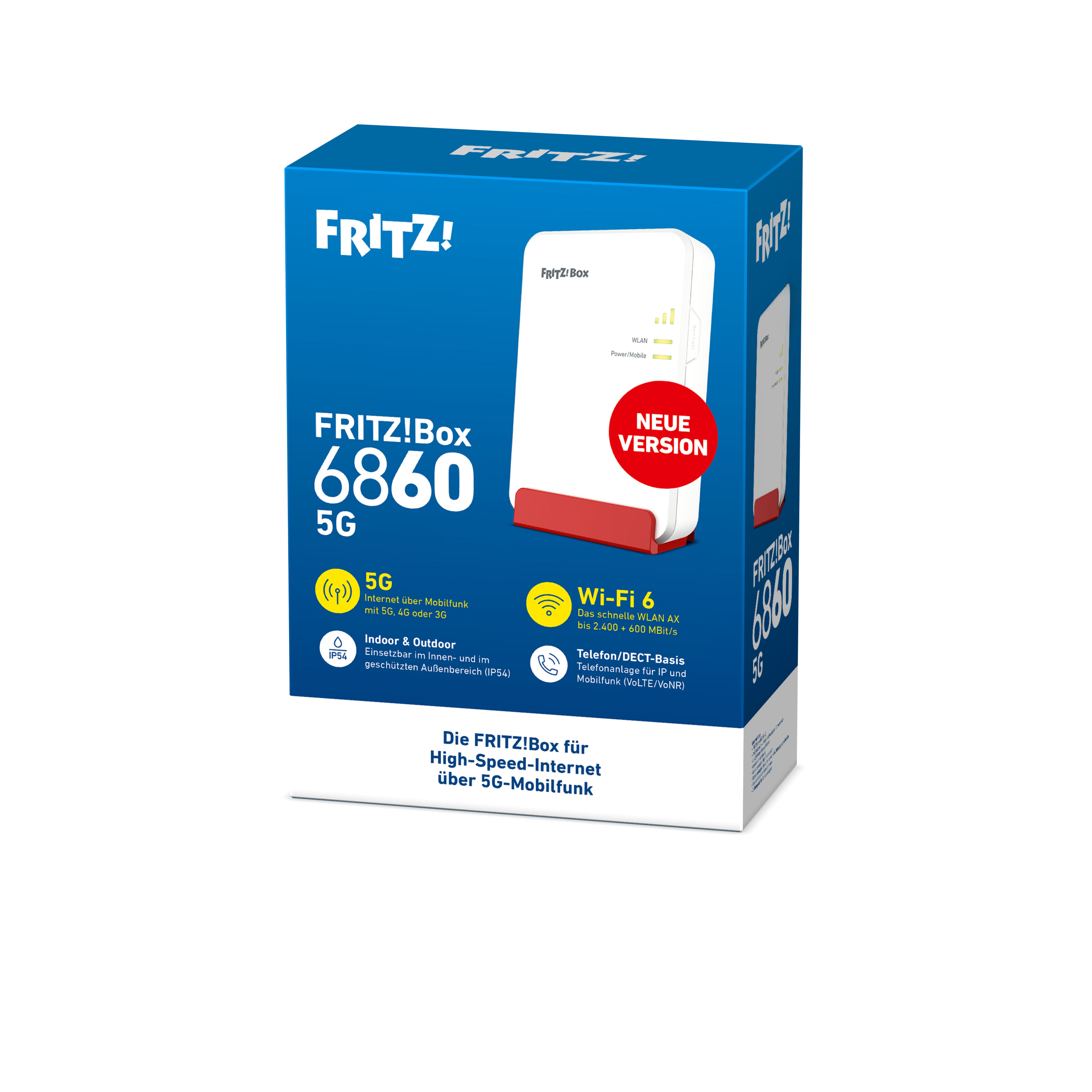 Blaue Produktverpackung der FRITZ!Box 6860 5G mit weißem Router und technischen Details.