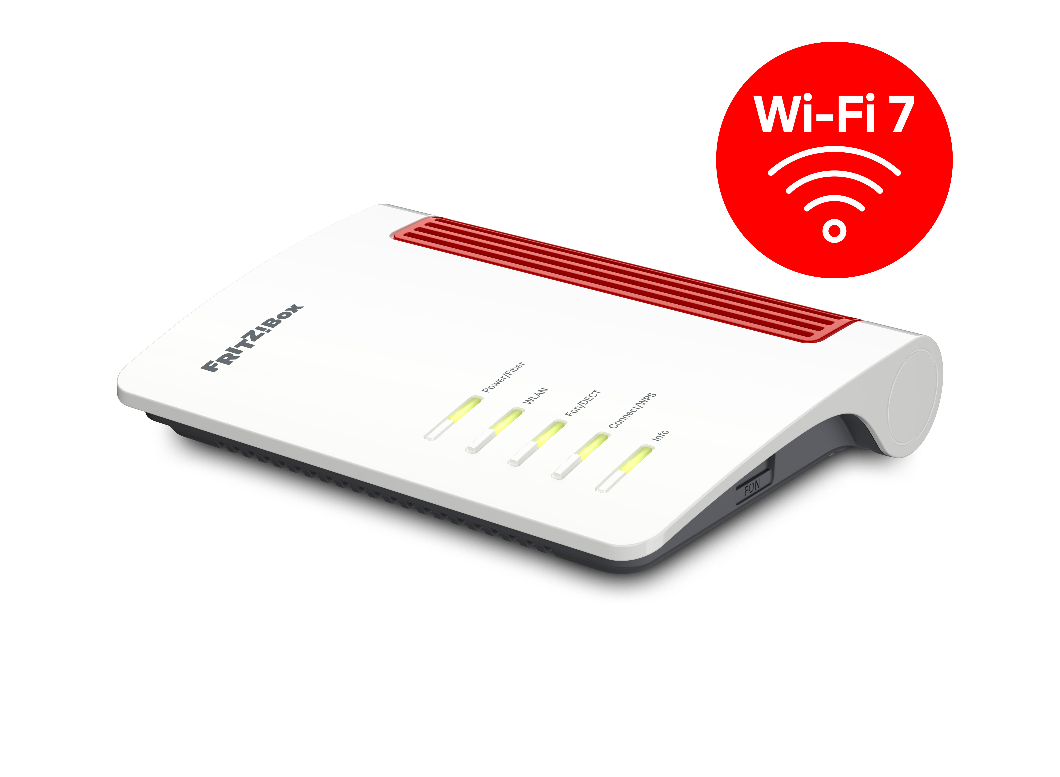 Ein weiß-roter FRITZ!Box Router mit beleuchteten LEDs und einem Wi-Fi 7 Logo auf weißem Hintergrund.