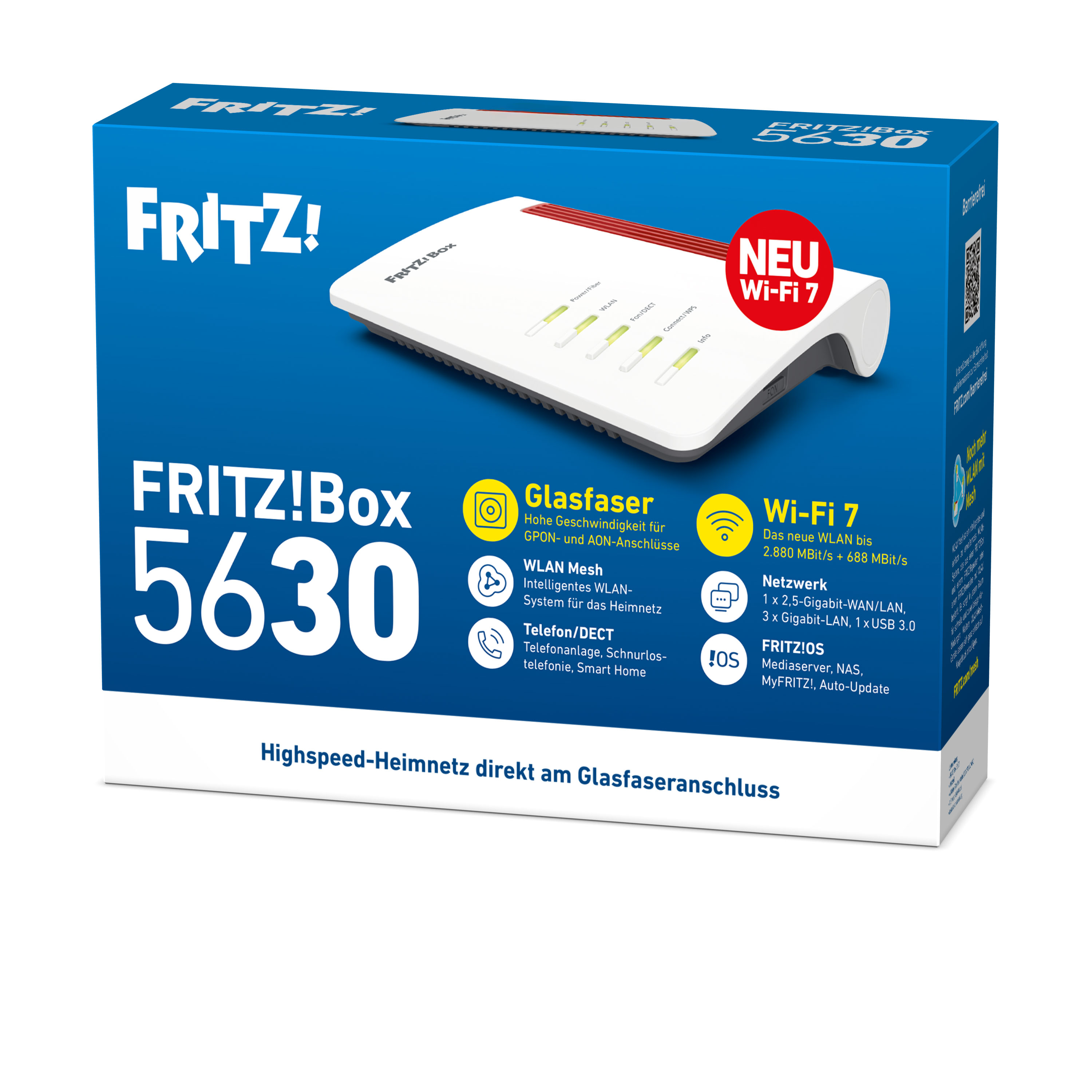 Blaue Produktverpackung der FRITZ!Box 5630 mit Glasfaser-Router, Wi-Fi 7 und technischen Details.