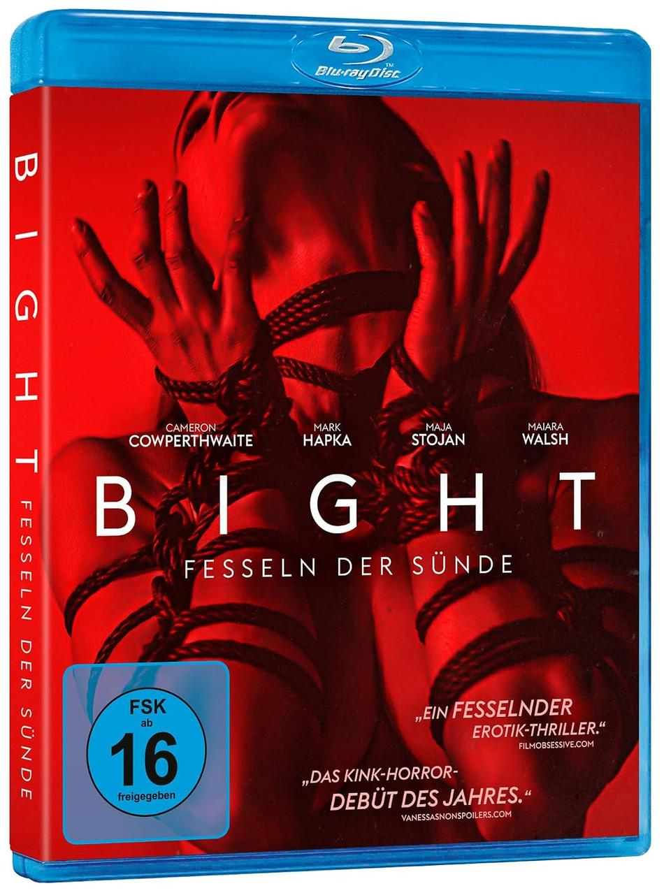 Blu-Ray-Cover von Bight - Fesseln der Sünde mit rotem Hintergrund und gefesselter Person.