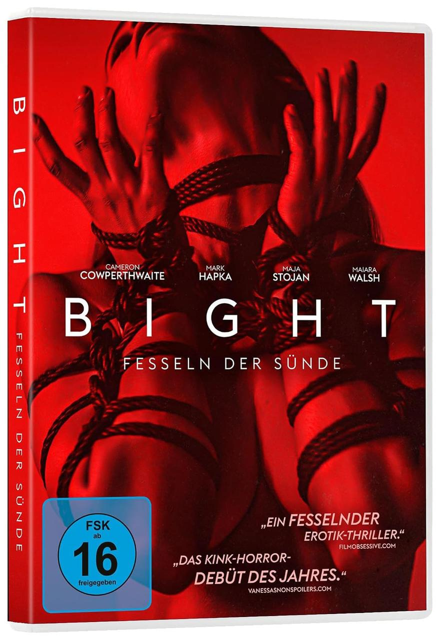 DVD-Cover mit rotem Hintergrund und einer Person, die mit Seilen gefesselt ist.
