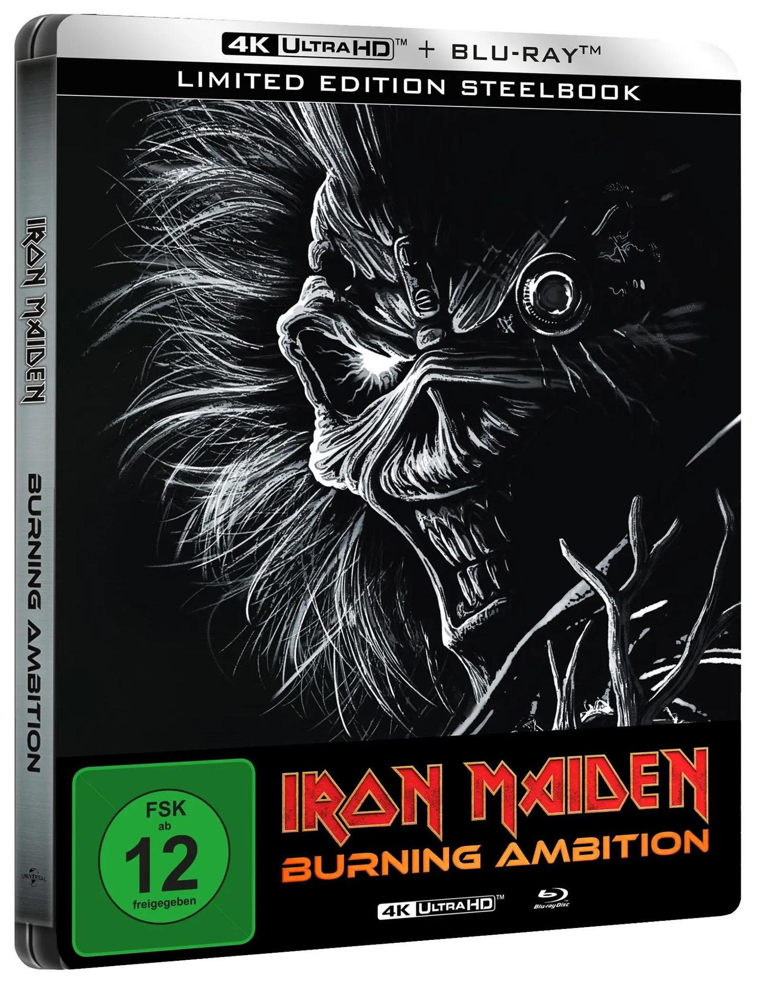 Iron Maiden Burning Ambition Steelbook-Cover mit schwarz-weißer Monstergrafik und FSK 12-Altersfreigabe.