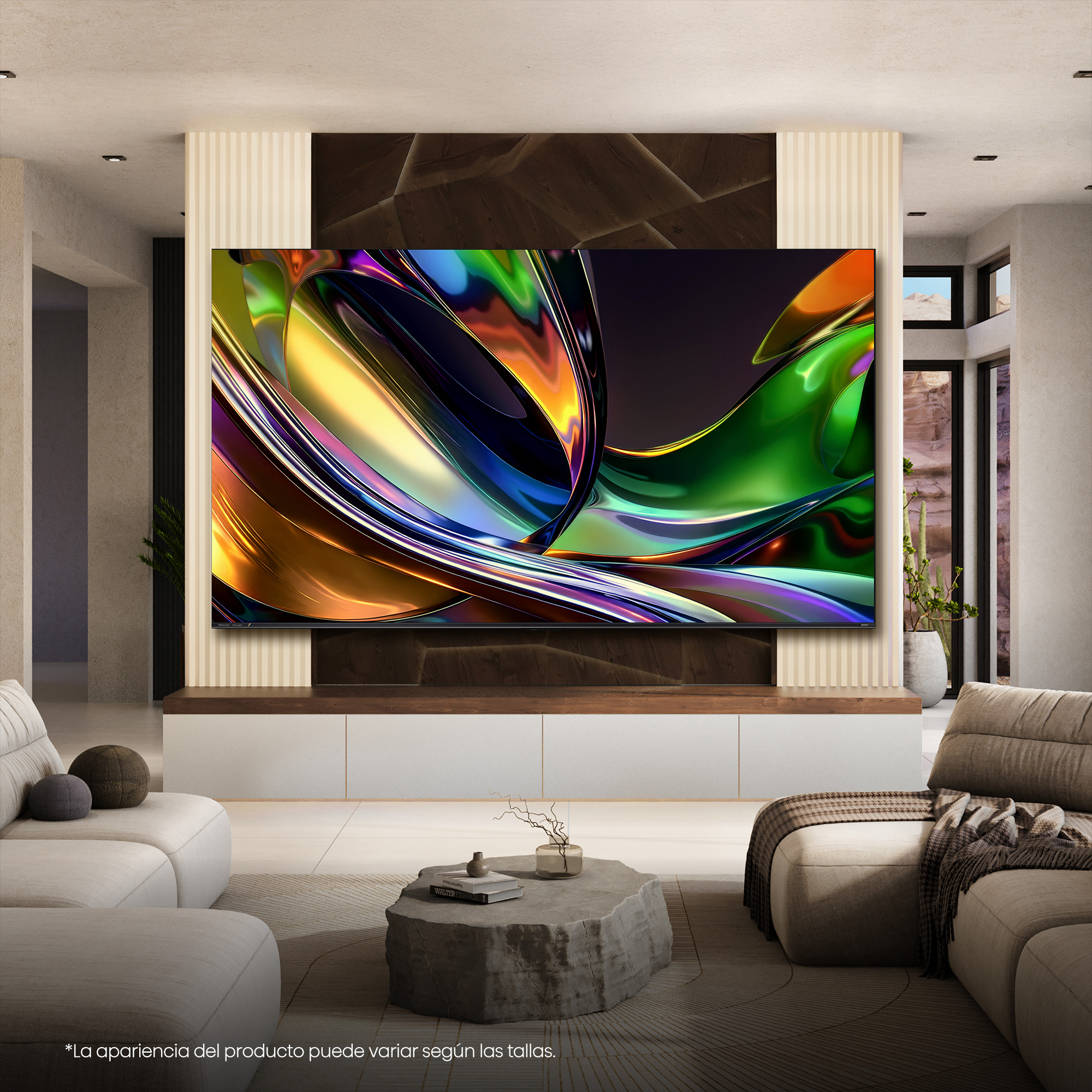 Un televisor grande con arte abstracto colorido en una sala de estar moderna y elegante con sofás neutrales.
