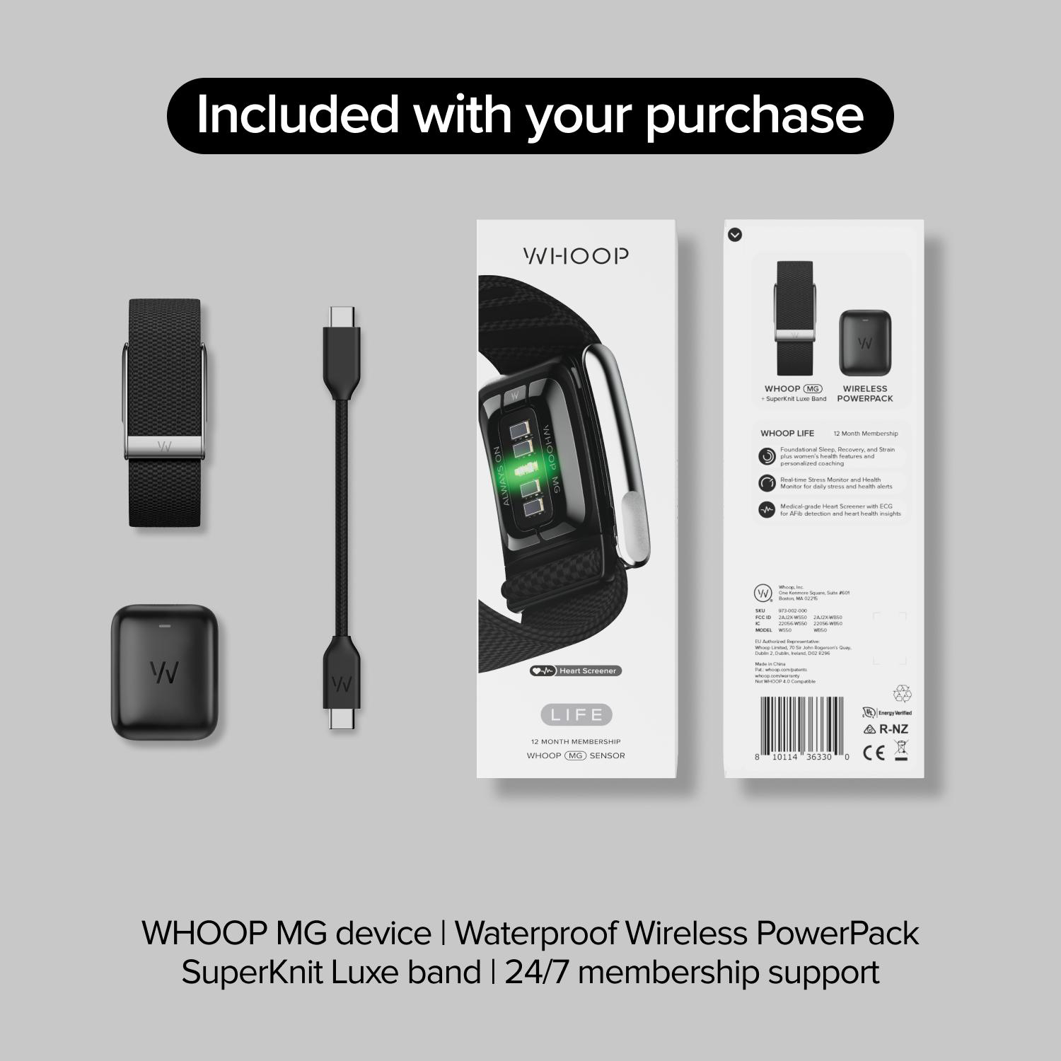 Lieferumfang: WHOOP MG Gerät, PowerPack, SuperKnit Luxe Armband und Mitgliedschaft.