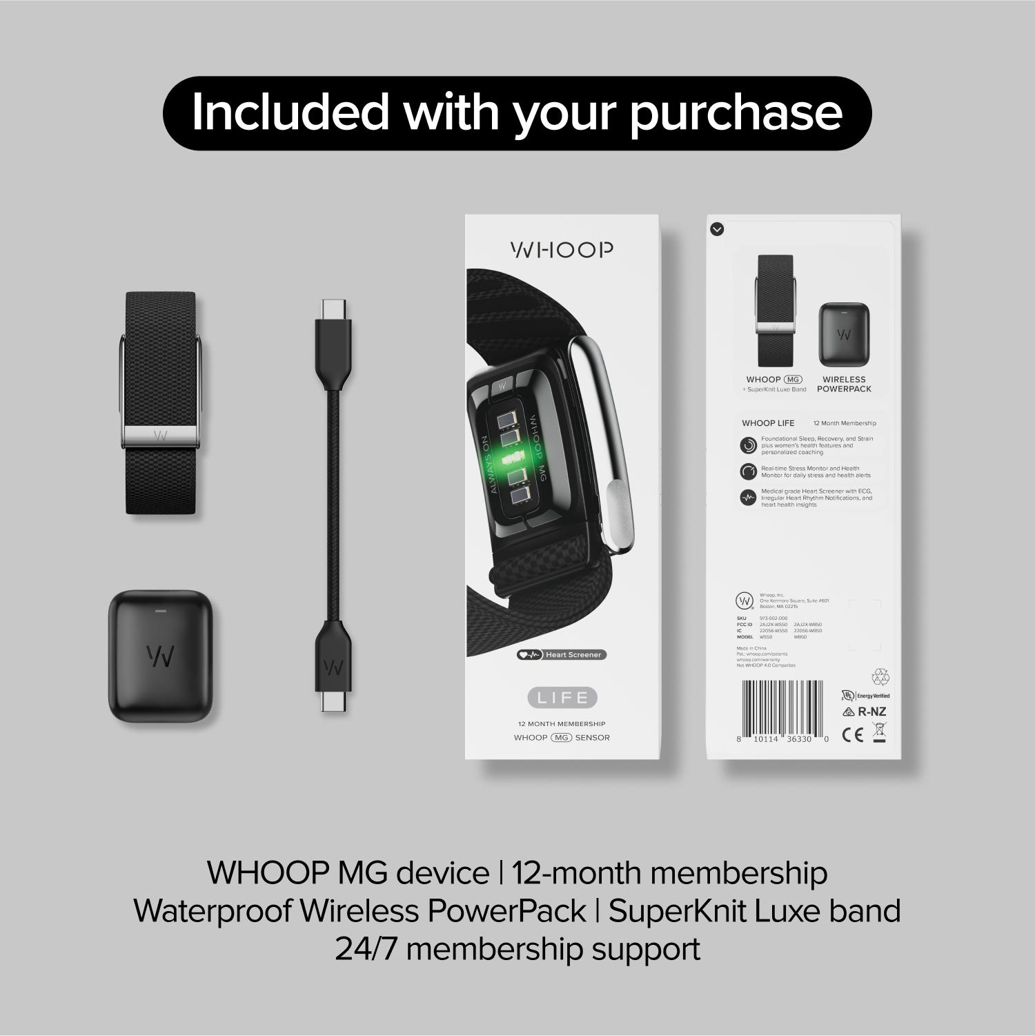 WHOOP MG Gerät mit Powerpack, Luxe Band, 12-Monats-Mitgliedschaft und Verpackung.