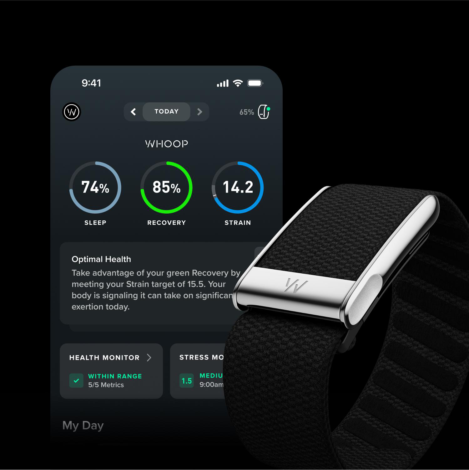 Ein Smartphone zeigt WHOOP-App-Gesundheitsmetriken neben einem schwarzen Fitnessarmband.