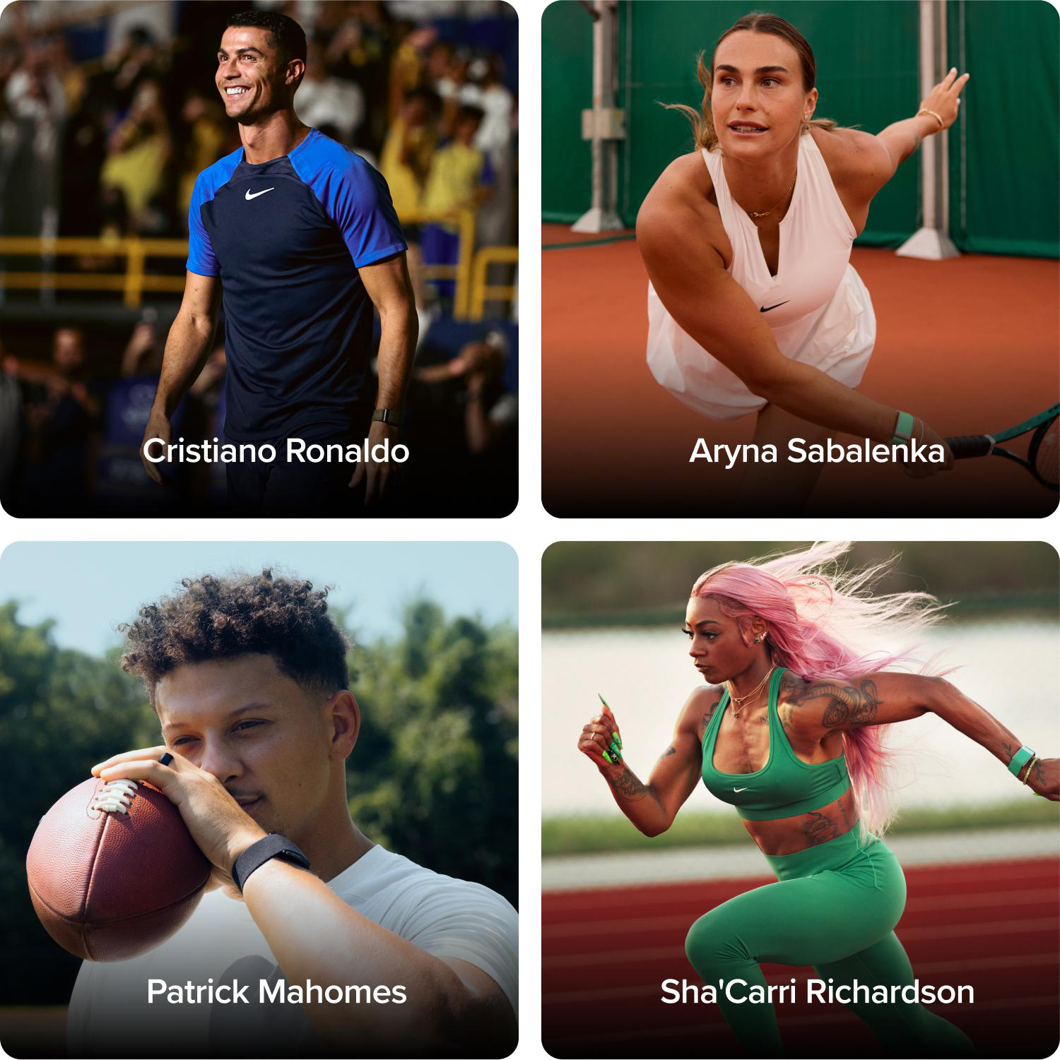 Vier Sportler: Cristiano Ronaldo, Aryna Sabalenka, Patrick Mahomes und Sha'Carri Richardson.