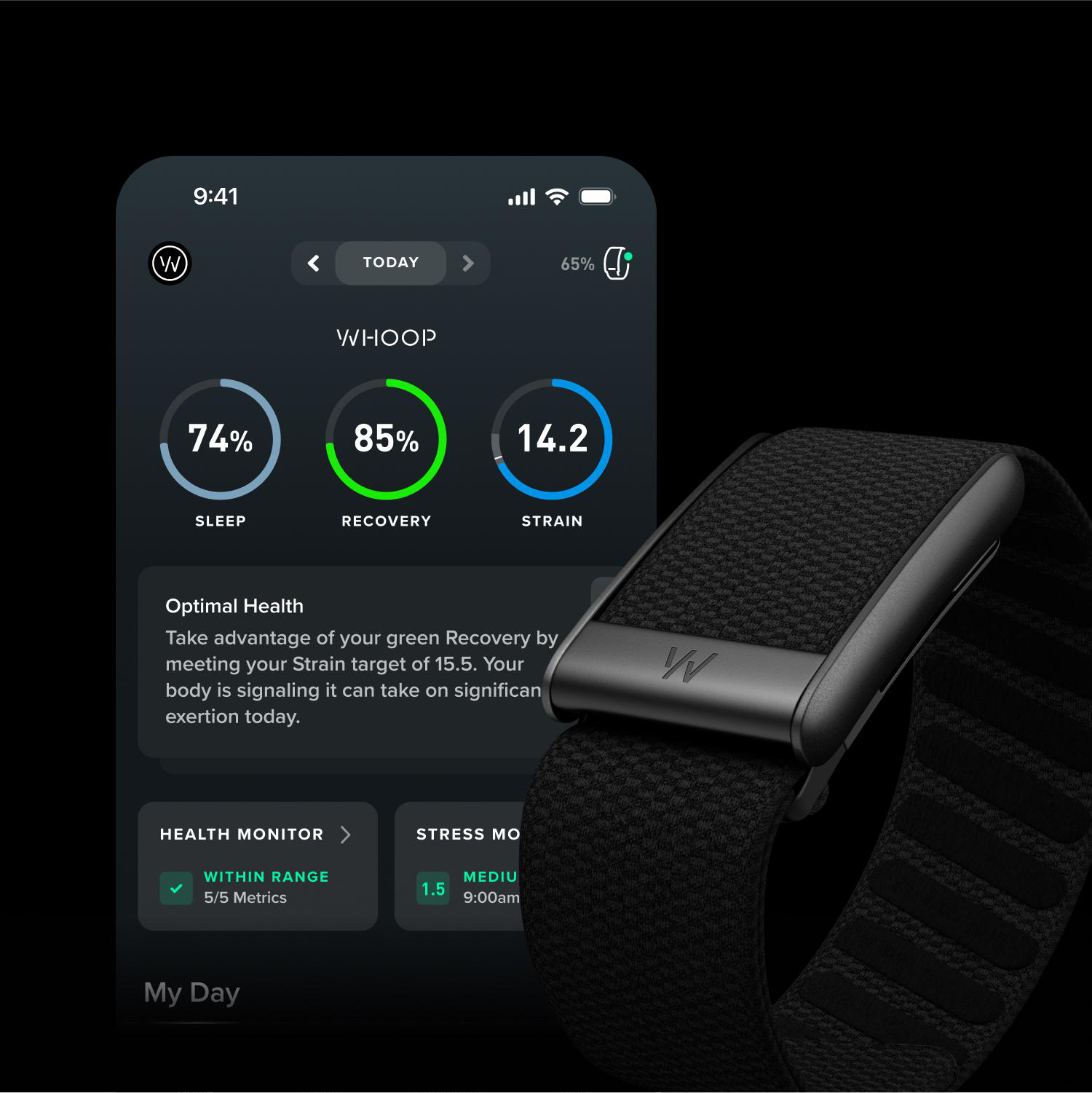 Whoop-Fitnessarmband mit App-Schnittstelle und Gesundheitsdaten auf schwarzem Hintergrund.