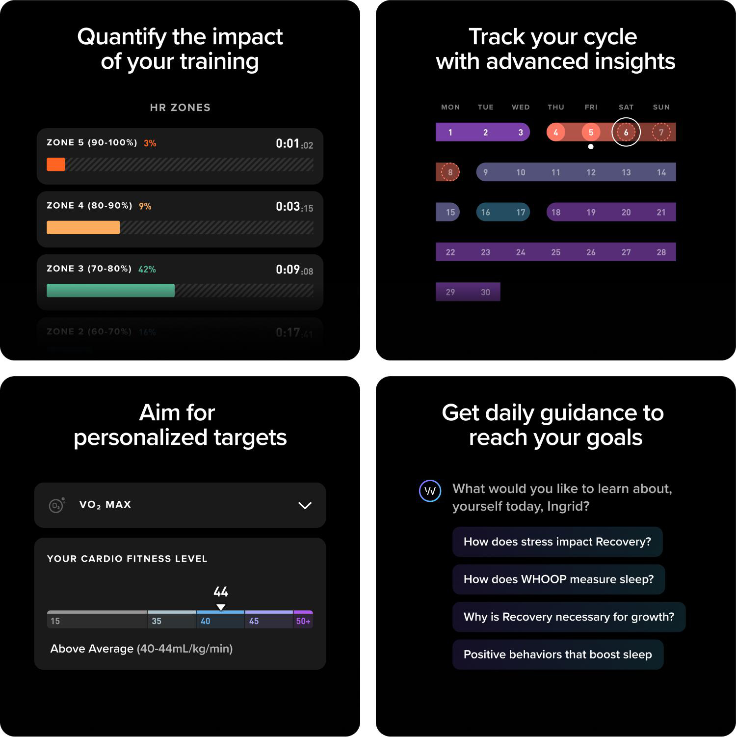 Vier Screenshots einer Fitness-App auf schwarzem Hintergrund mit Statistiken zu Training, Zyklus, Cardio und Fragen.