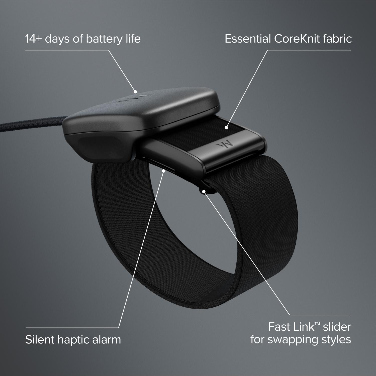 Ein schwarzes Fitnessarmband auf grauem Hintergrund mit Hinweisen zu Akku, Stoff, Alarm und Schieber.