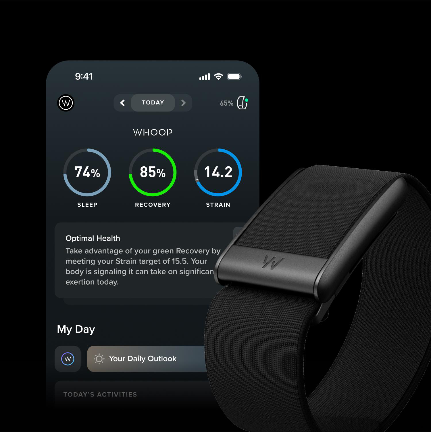 Ein schwarzes Whoop-Fitnessarmband und ein Smartphone mit App-Statistiken über Schlaf, Erholung und Belastung.