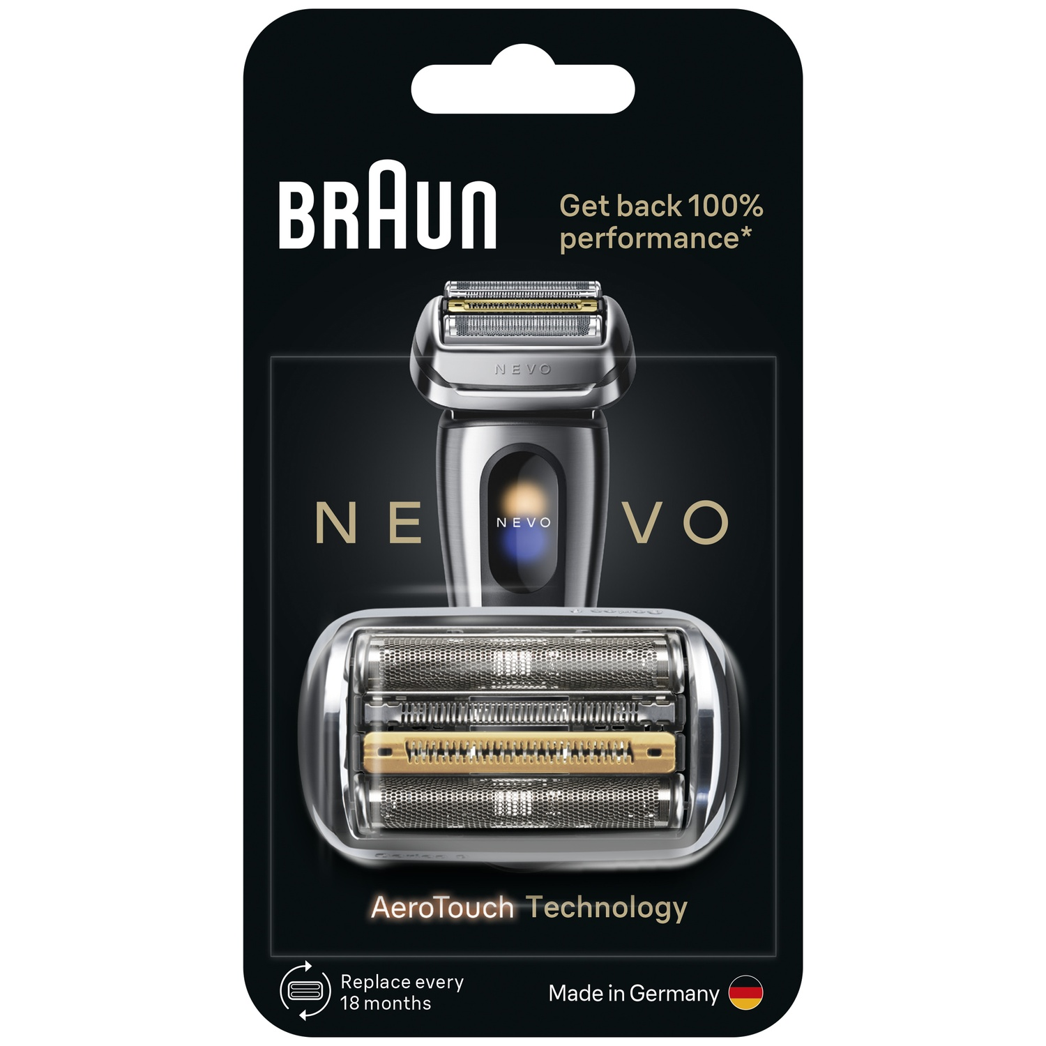 Tête de rechange pour rasoir Braun dans son emballage d'origine sur fond noir.
