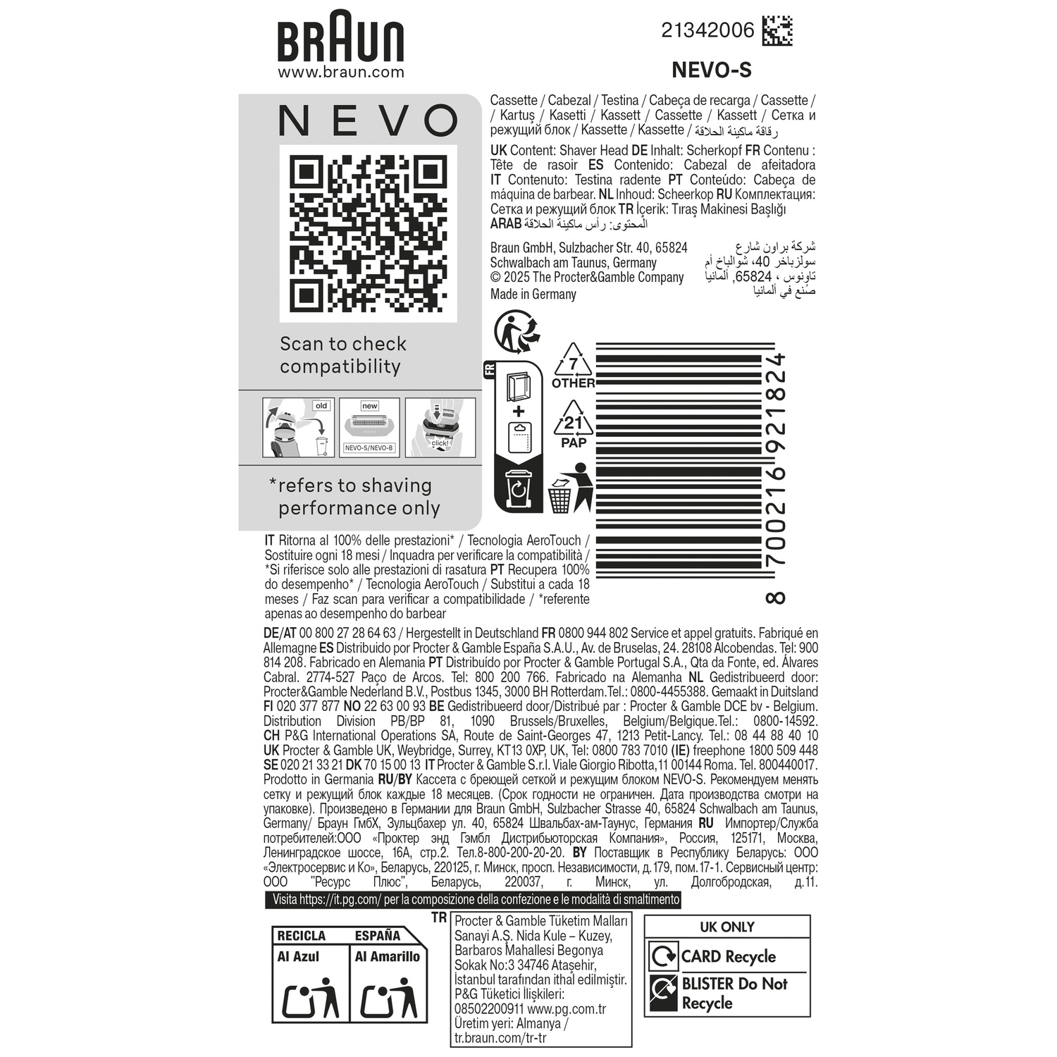 Emballage de la tête de rasoir Braun NEVO-S avec un code QR, des infos fabricant et des icônes de compatibilité.