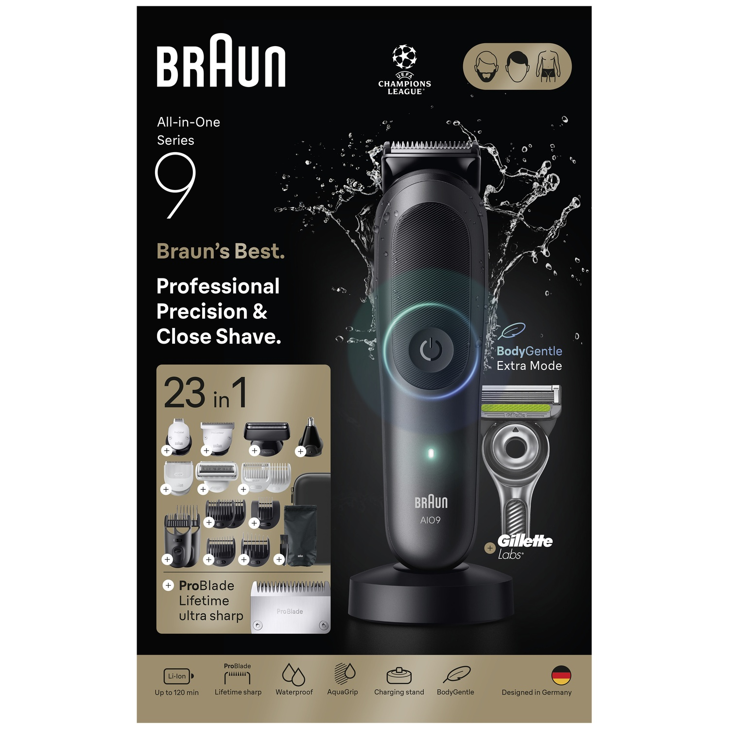 Een Braun All-in-One Series 9 trimmer met waterspatten, opzetstukken en een Gillette scheerapparaat op zwarte achtergrond.