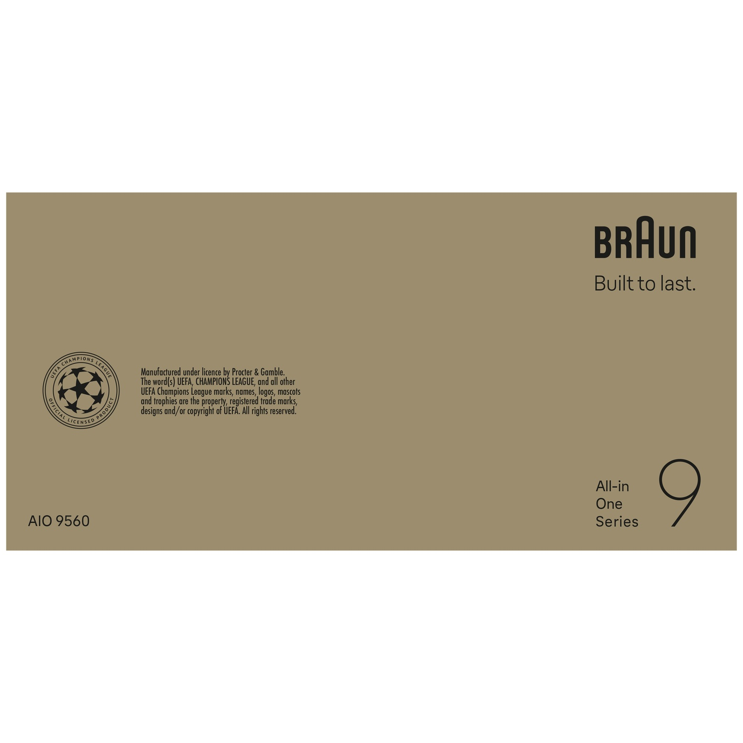 Braun All-in-One Series 9 verpakking met UEFA Champions League logo op een grijze achtergrond.