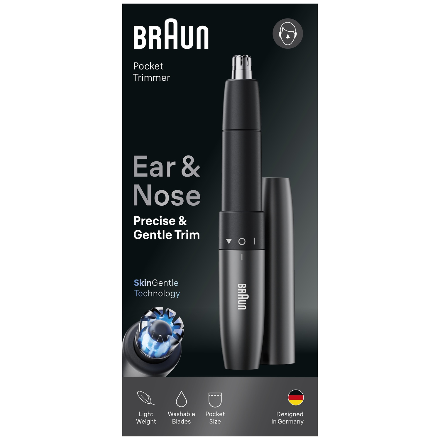 Emballage Braun Pocket Trimmer avec texte d'oreille et de nez, tondeuse noire et caractéristiques du produit.