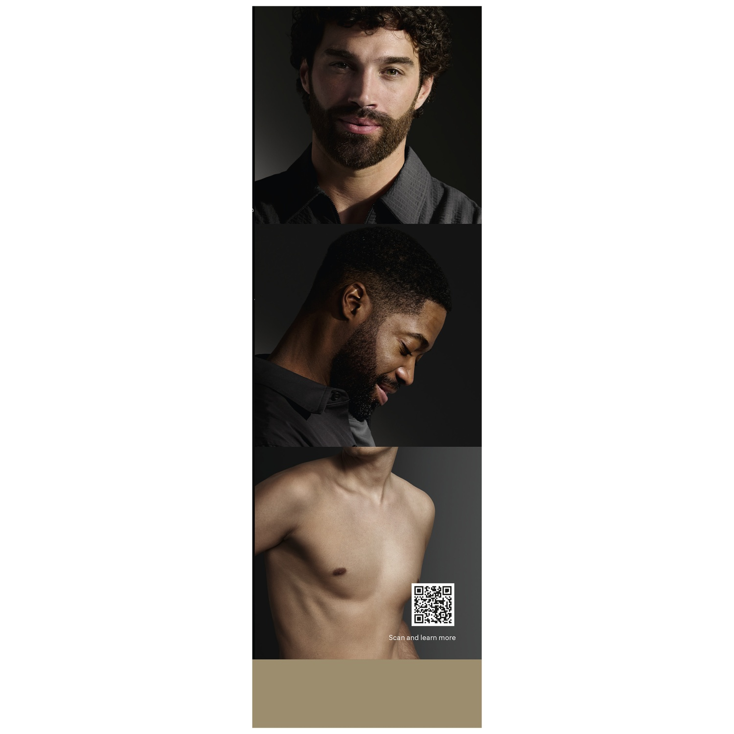 Drie verticale beelden tonen de hoofden van twee mannen en een blote torso met QR-code.