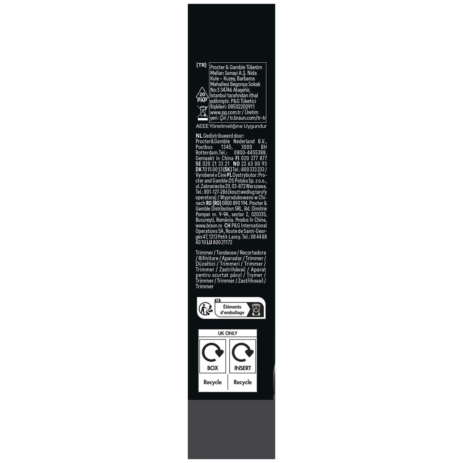 Étiquette noire avec texte blanc et symboles de recyclage pour une tondeuse.