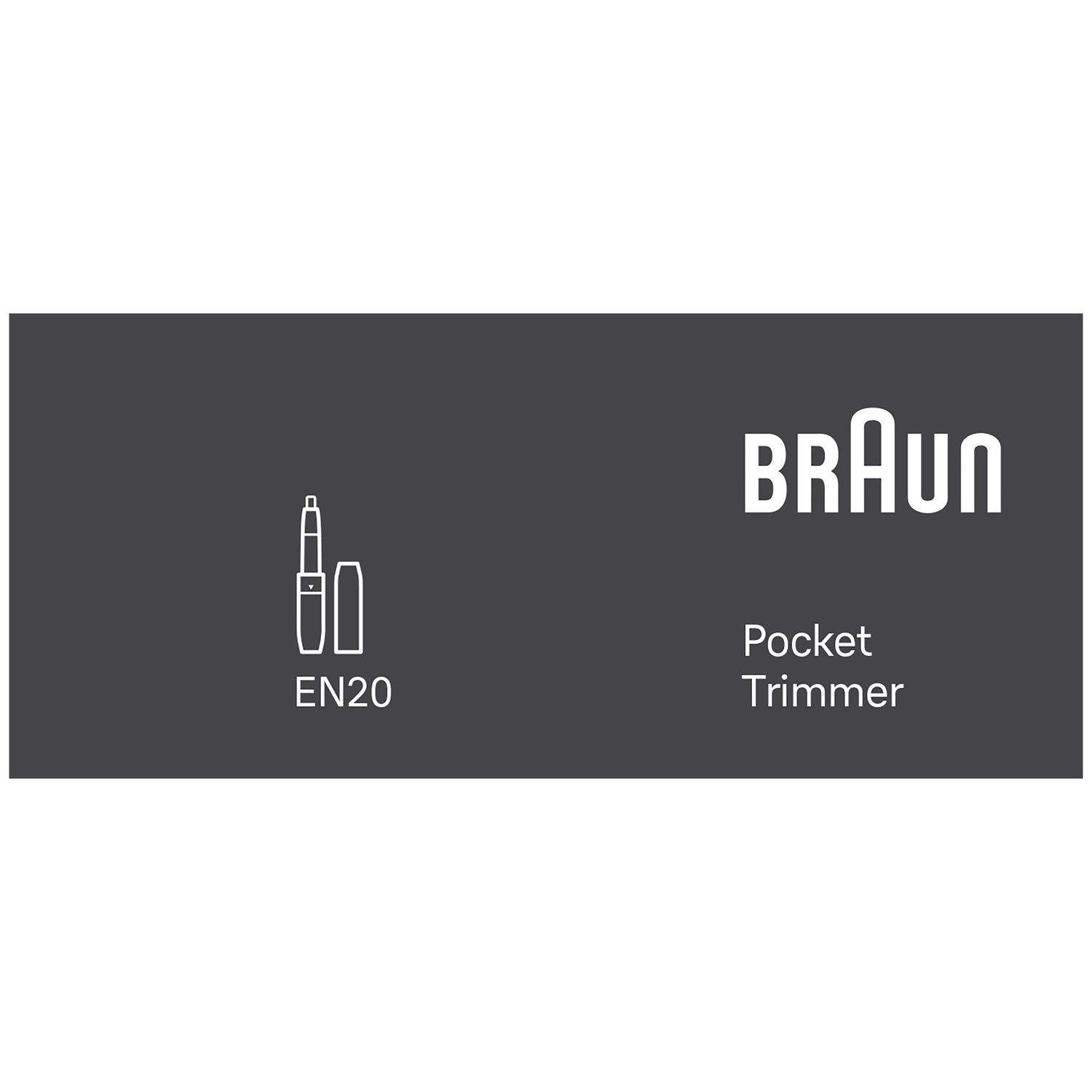 Logo Braun Pocket Trimmer EN20 en blanc sur fond sombre.